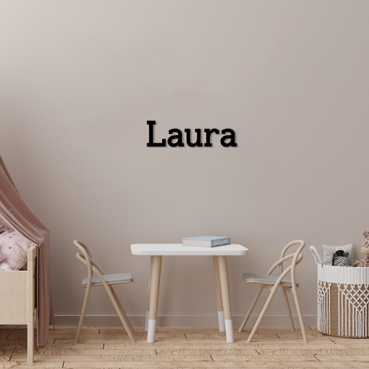 Children's room with a table, chairs, and a name decal on the wall. Acrylic wall dekor - Vibewall