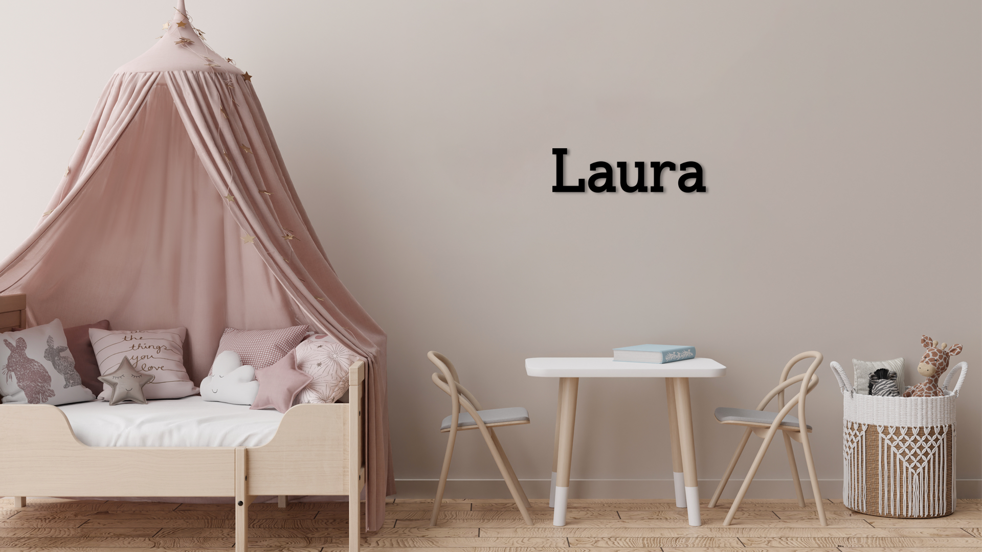 Children's room with a canopy bed, table, chairs, and decorative items. Acrylic wall dekor - Vibewall