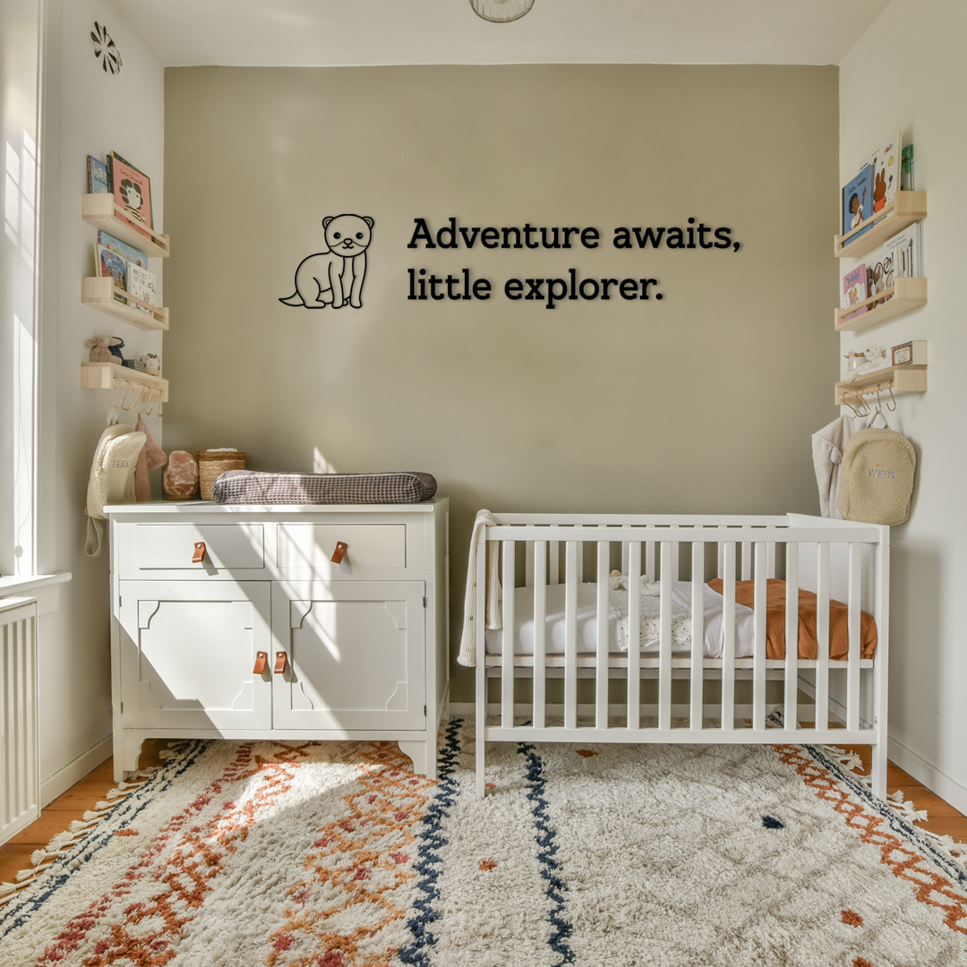 Charming wall decor featuring small  illustration of a ferret paired with the inspiring phrase “Adventure awaits, little explorer.”. Acrylic glass decor - Vibewall