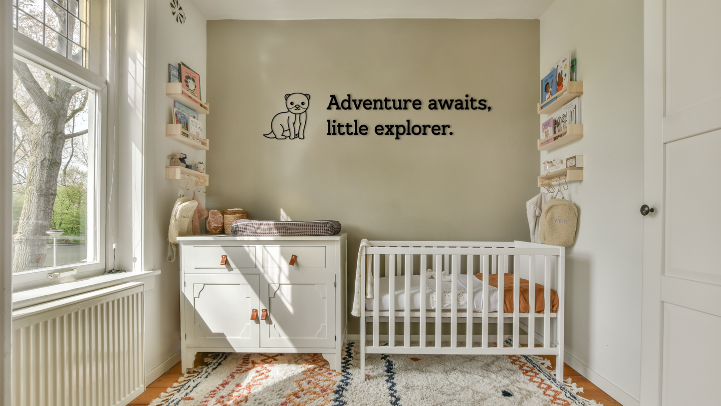 Charming wall decor featuring small  illustration of a ferret paired with the inspiring phrase “Adventure awaits, little explorer.”. Acrylic glass decor - Vibewall