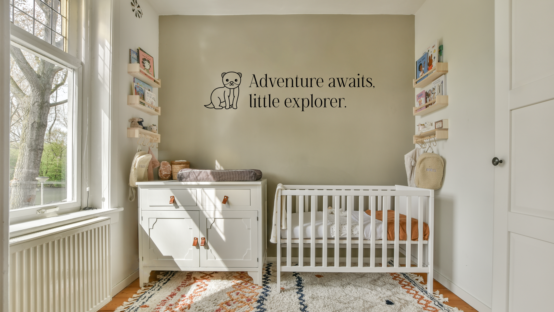 Charming wall decor featuring small  illustration of a ferret paired with the inspiring phrase “Adventure awaits, little explorer.”. Acrylic glass decor - Vibewall
