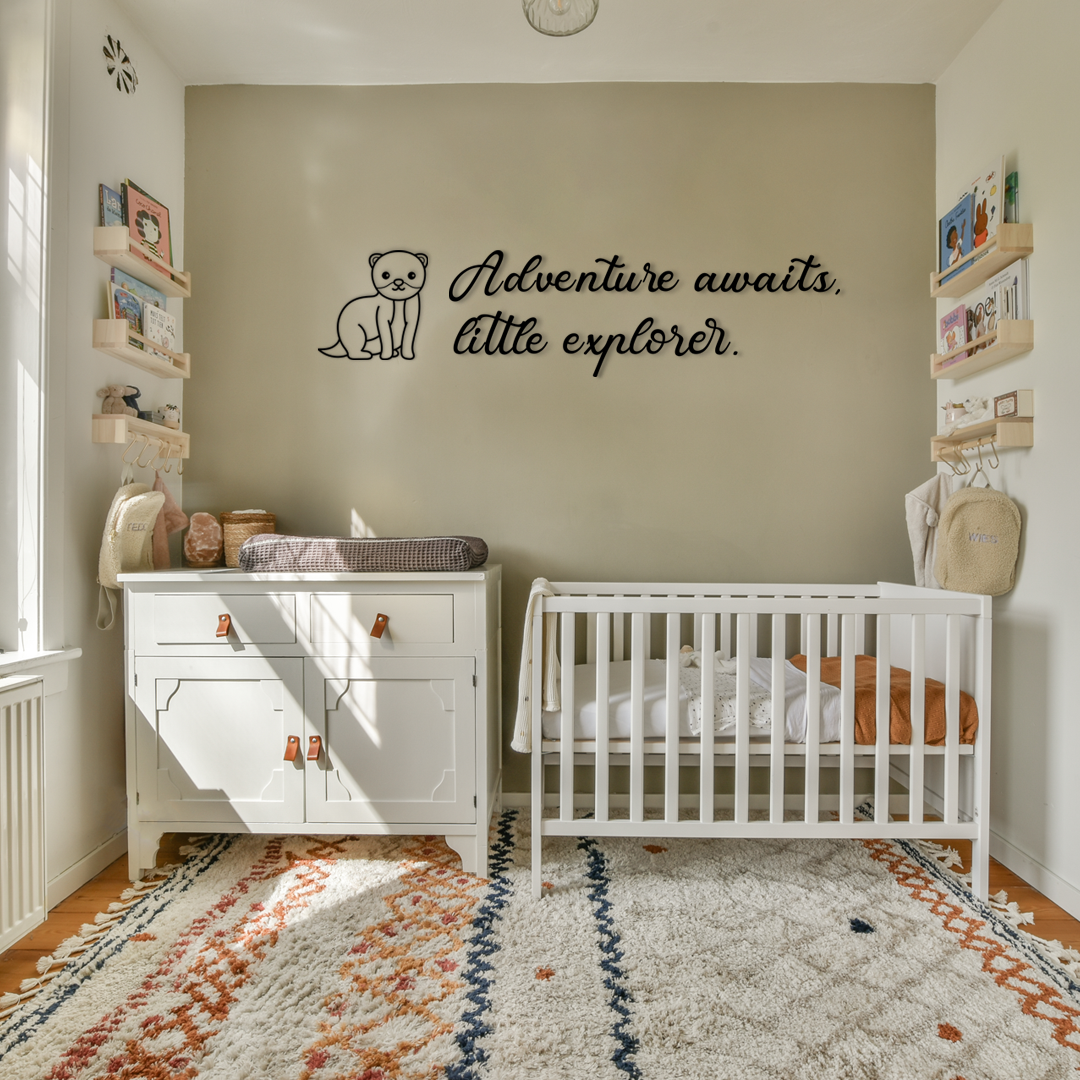Charming wall decor featuring small  illustration of a ferret paired with the inspiring phrase “Adventure awaits, little explorer.”. Acrylic glass decor - Vibewall