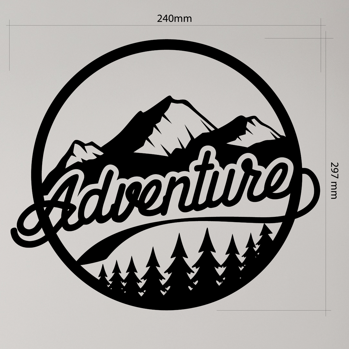 The design is set within a circular frame, featuring majestic mountains above a lush forest, with the word ADVENTURE boldly displayed across the center. Acrylic glass decor - Vibewall