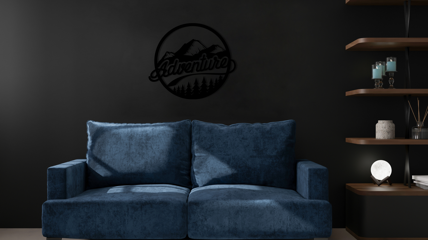 The design is set within a circular frame, featuring majestic mountains above a lush forest, with the word ADVENTURE boldly displayed across the center. Acrylic glass decor - Vibewall