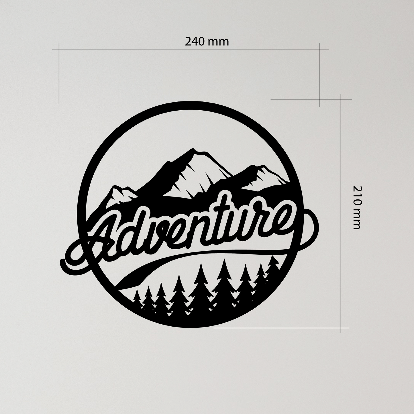 The design is set within a circular frame, featuring majestic mountains above a lush forest, with the word ADVENTURE boldly displayed across the center. Acrylic glass decor - Vibewall