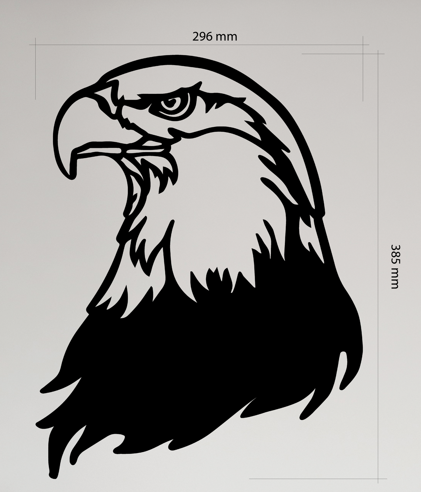 Black silhouette of an eagle head with measurements on a gray background.  Acrylic glass decor - Vibewall