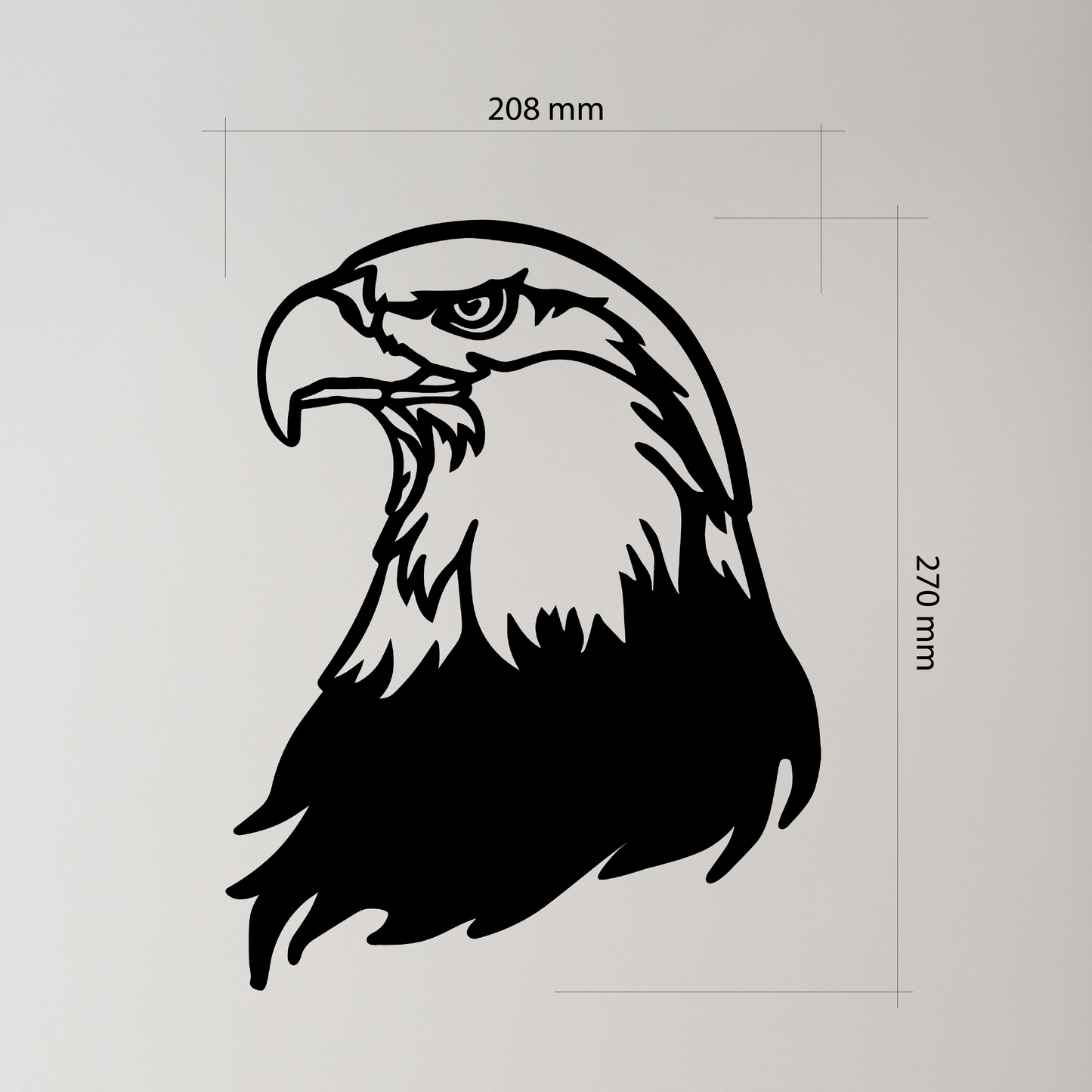 Illustration of an eagle head with dimensions on a gray background. Acrylic glass decor - Vibewall