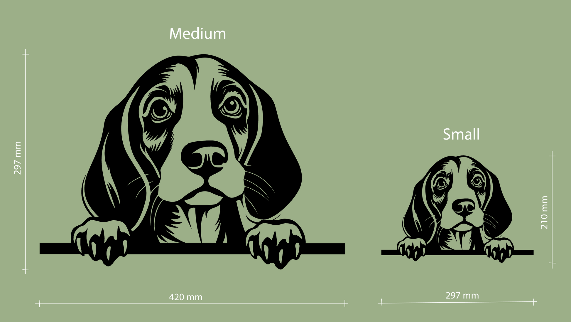Sizes for pet wall decor featuring an illustration of a Beagle. Acrylic glass decor - Vibewall