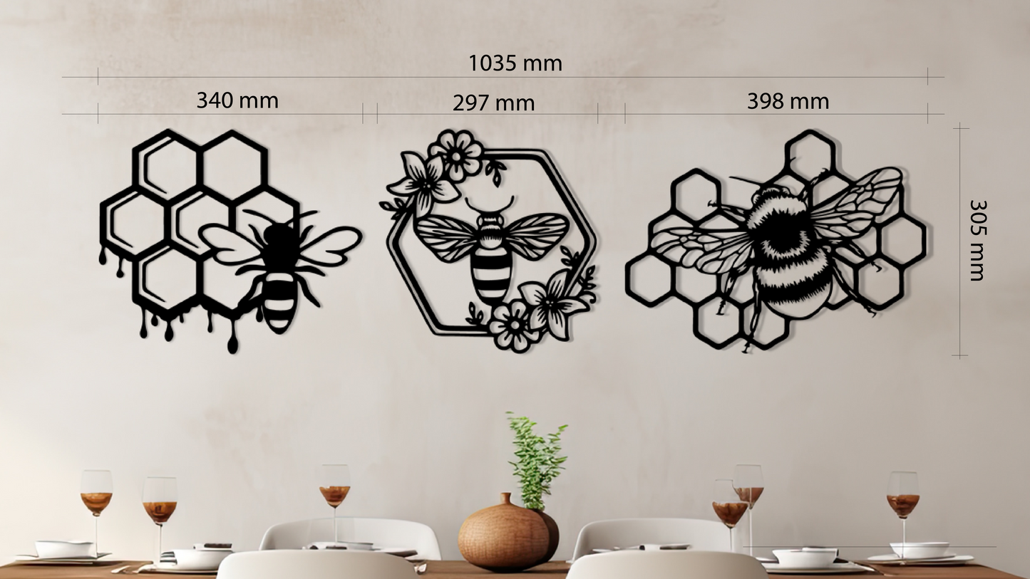 3-piece Bee Wall Art set, laser-cut from premium black acrylic glass. Acrylic glass decor - Vibewall