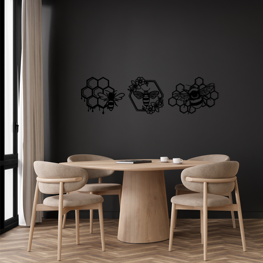 3-piece Bee Wall Art set, laser-cut from premium black acrylic glass. Acrylic glass decor - vibe-wall