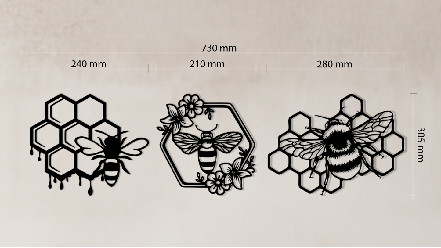 3-piece Bee Wall Art set, laser-cut from premium black acrylic glass. Acrylic glass decor - vibe-wall
