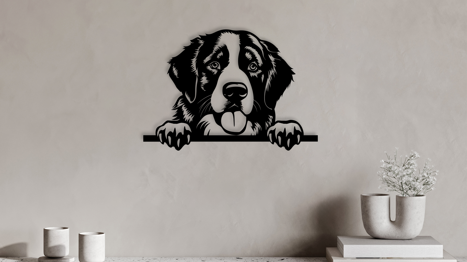 Pet wall decor featuring an illustration of a Bernese Mountain Dog. Acrylic glass decor - Vibewall