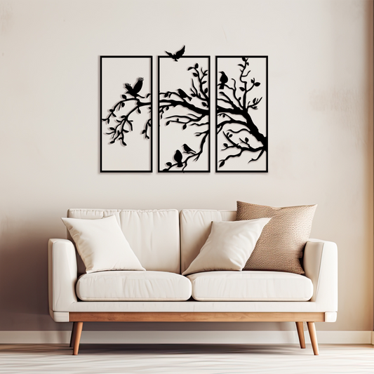 The artwork is composed of three vertically oriented rectangular panels, each showcasing a delicately perched birds resting on a branches with one bird flying to them. Acrylic glass decor - Vibewall
