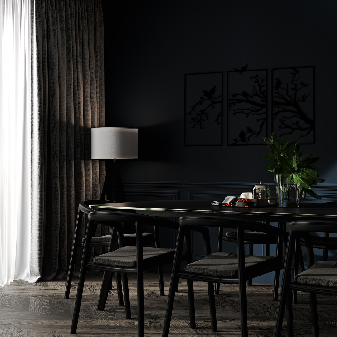 The artwork is composed of three vertically oriented rectangular panels, each showcasing a delicately perched birds resting on a branches with one bird flying to them. Acrylic glass decor - Vibewall