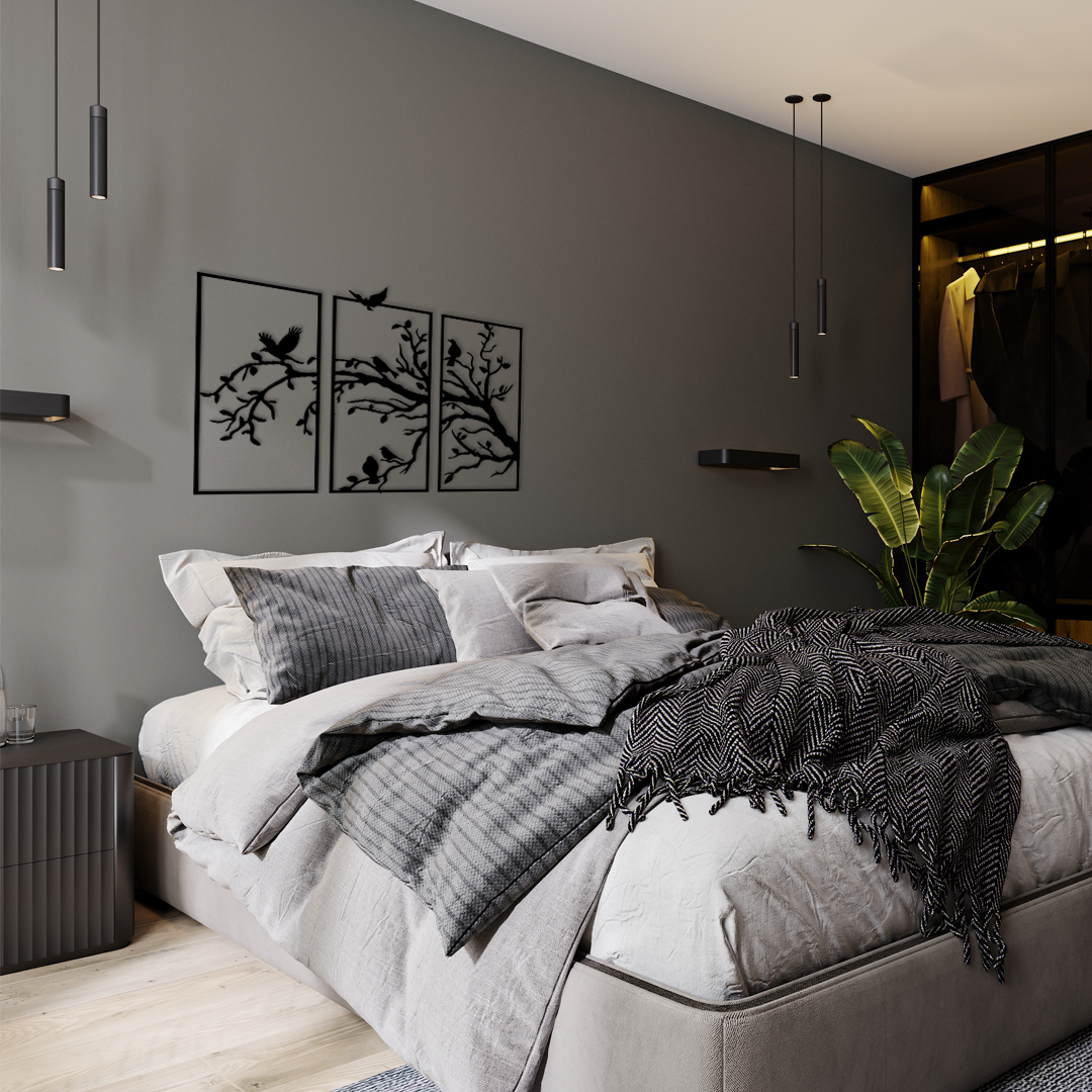 The artwork is composed of three vertically oriented rectangular panels, each showcasing a delicately perched birds resting on a branches with one bird flying to them. Acrylic glass decor - Vibewall