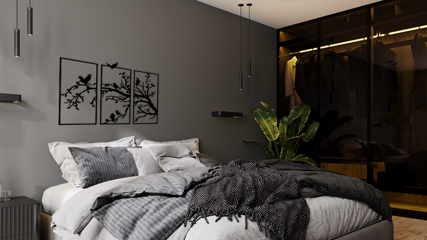 The artwork is composed of three vertically oriented rectangular panels, each showcasing a delicately perched birds resting on a branches with one bird flying to them. Acrylic glass decor - Vibewall