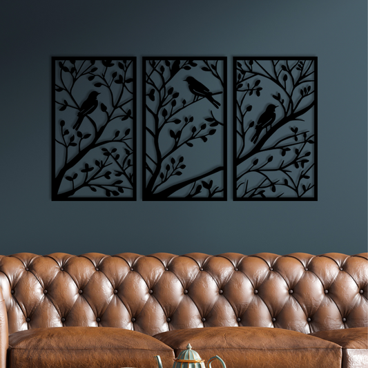 Birds on Branches Wall Art design features three vertically aligned rectangular frames, each containing a delicate branch with a bird perched peacefully on it. Acrylic glass decor - Vibewall
