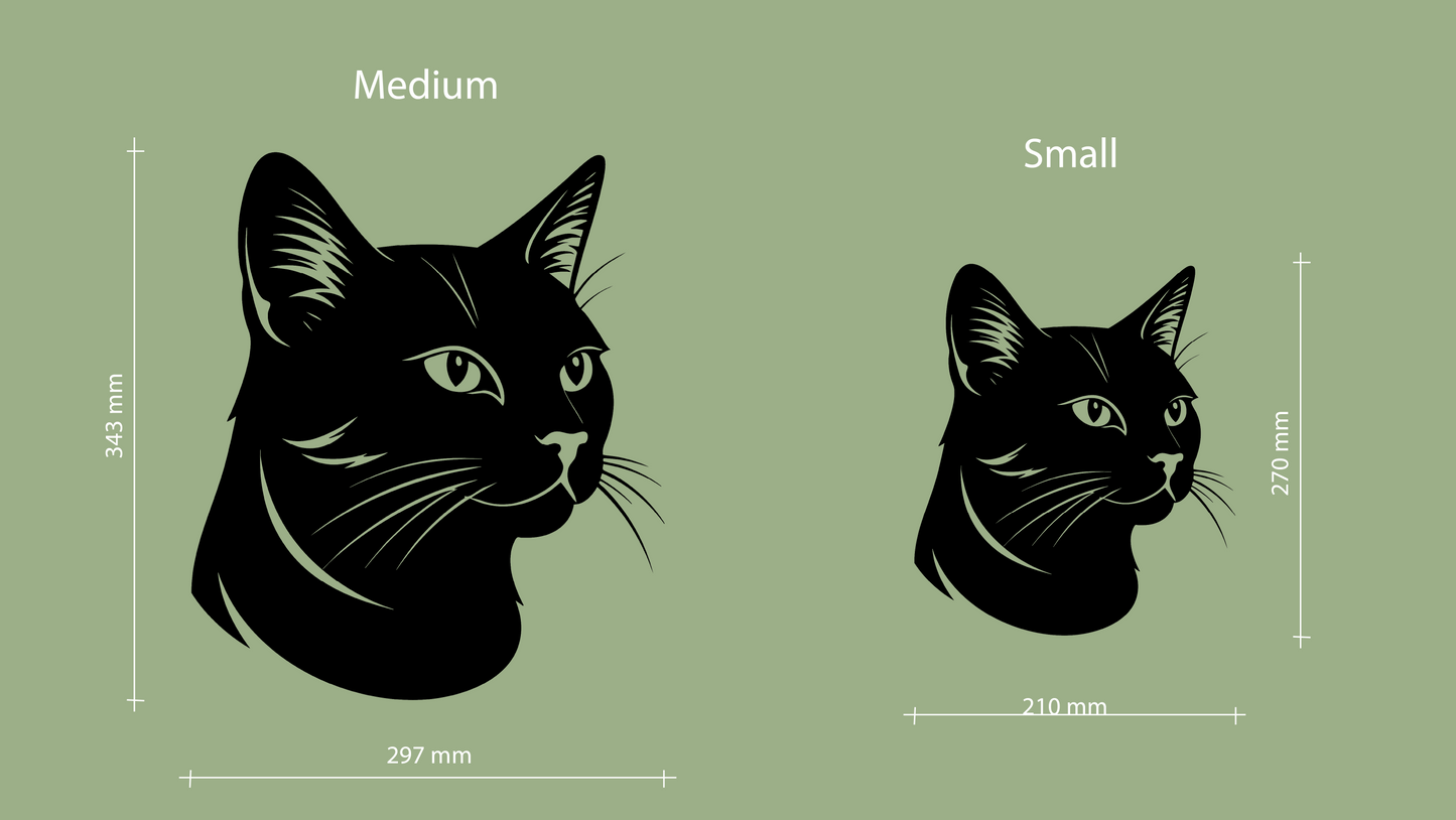 Sizes for pet wall decor featuring an illustration of a Black Cat. Acrylic glass decor - Vibewall