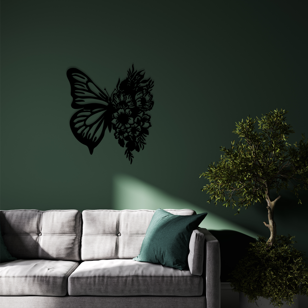 Floral Butterfly Wall Art, featuring a unique design where one wing is a classic butterfly shape and the other transforms into a delicate floral pattern. Acrylic glass decor - Vibewall