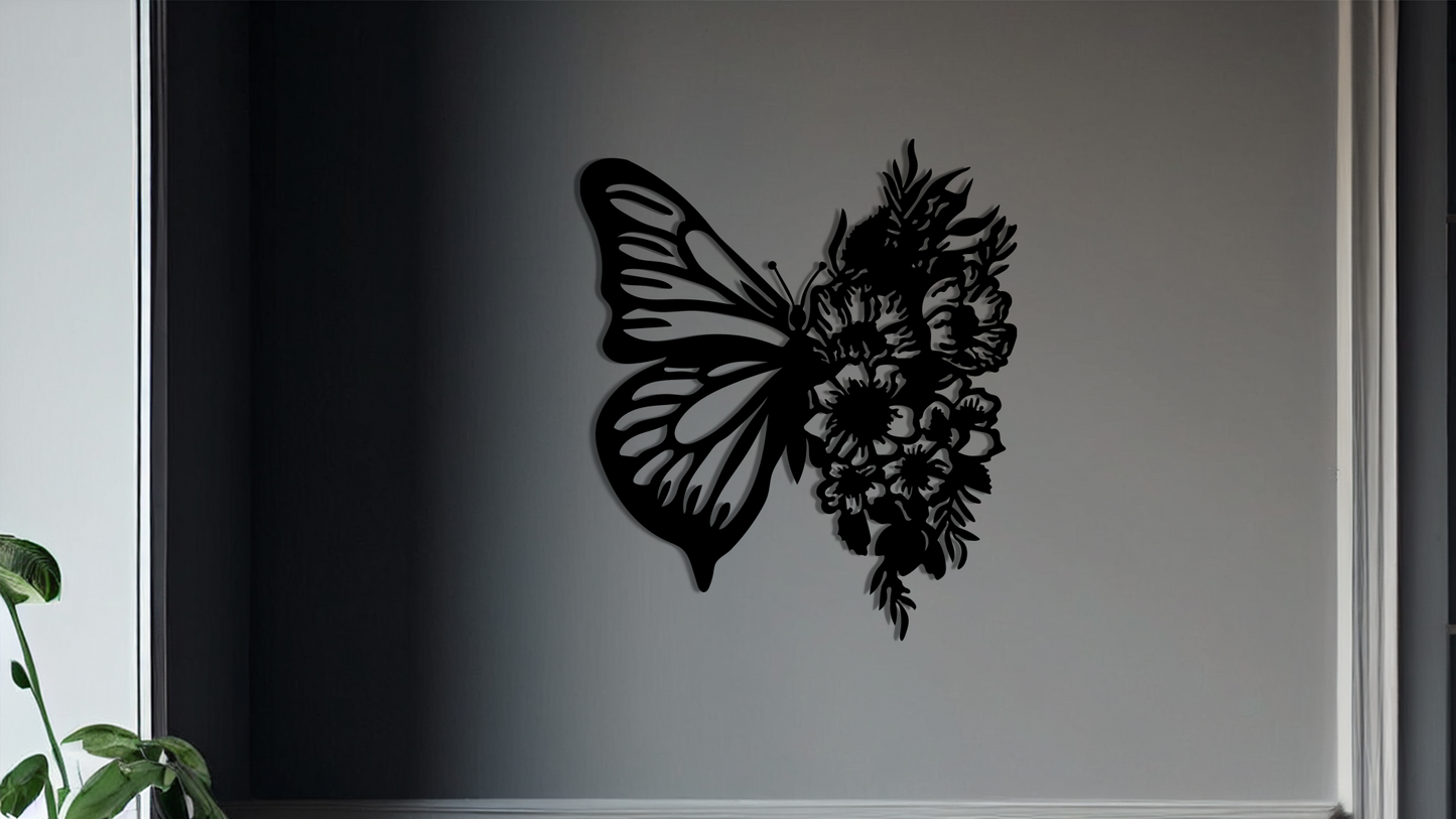Floral Butterfly Wall Art, featuring a unique design where one wing is a classic butterfly shape and the other transforms into a delicate floral pattern. Acrylic glass decor - Vibewall