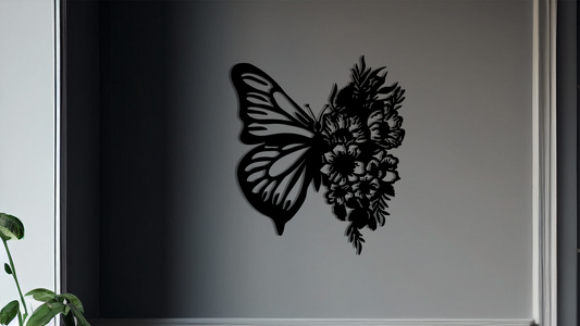 Floral Butterfly Wall Art, featuring a unique design where one wing is a classic butterfly shape and the other transforms into a delicate floral pattern. Acrylic glass decor - Vibewall