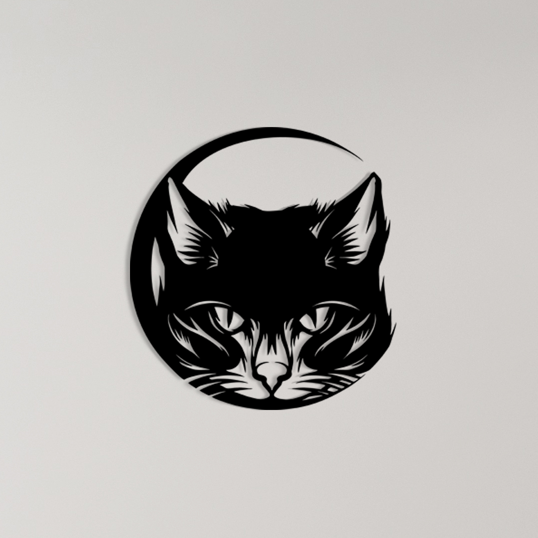Cat & Crescent Moon Wall Art is featuring a sleek cat’s head gazing forward in front of a thin crescent moon. Acrylic glass decor - Vibewall