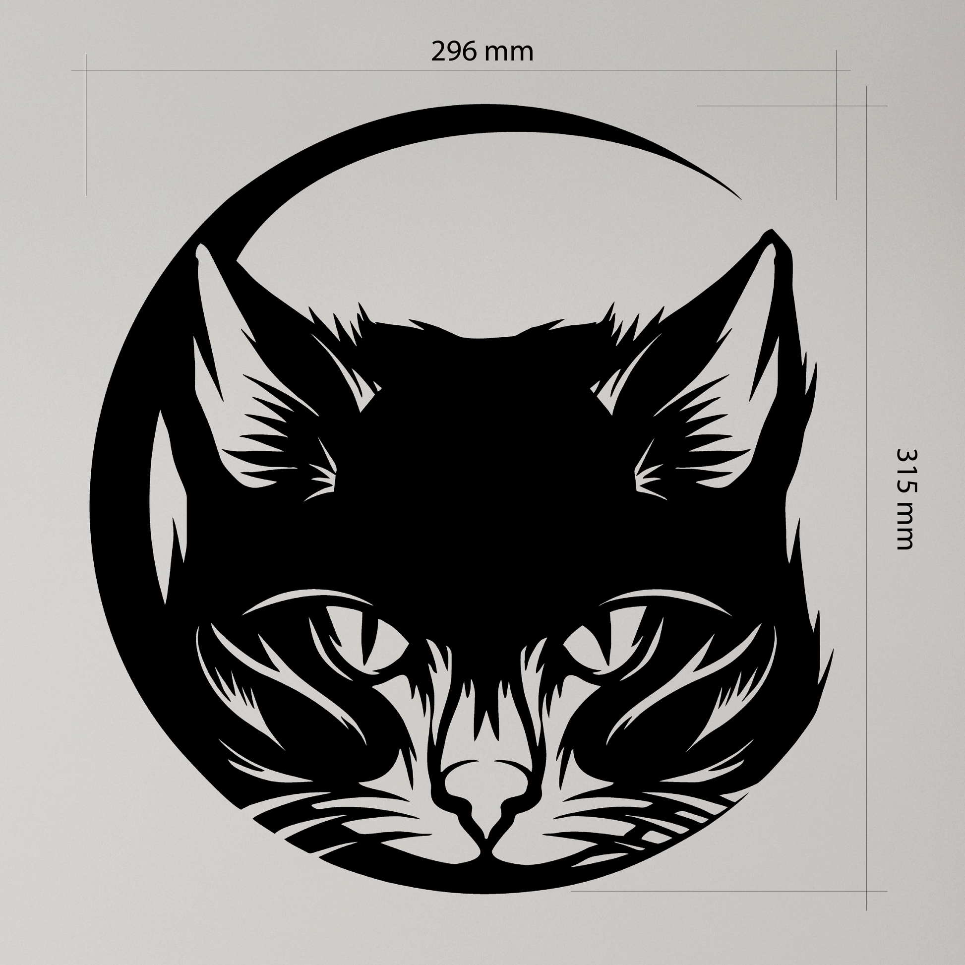 Cat & Crescent Moon Wall Art is featuring a sleek cat’s head gazing forward in front of a thin crescent moon. Acrylic glass decor - Vibewall