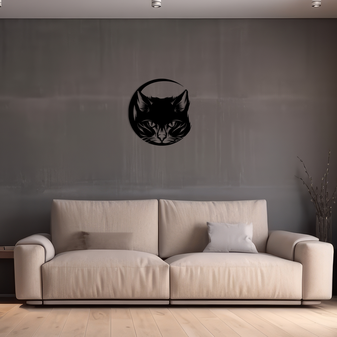 Cat & Crescent Moon Wall Art is featuring a sleek cat’s head gazing forward in front of a thin crescent moon. Acrylic glass decor - Vibewall
