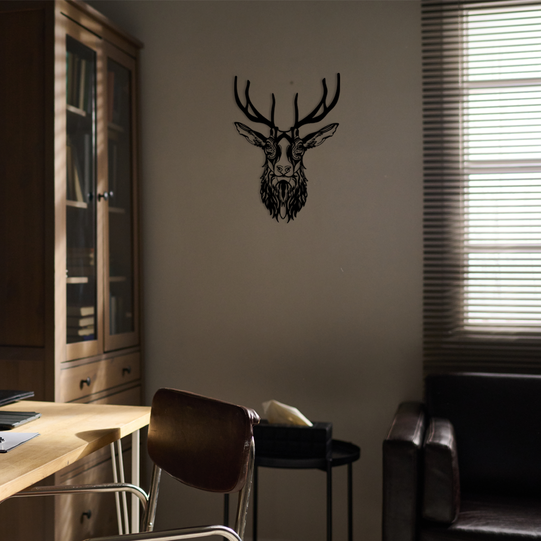 Deer Face Wall Art is featuring a finely detailed front-facing deer head with antlers. Acrylic glass decor - Vibewall