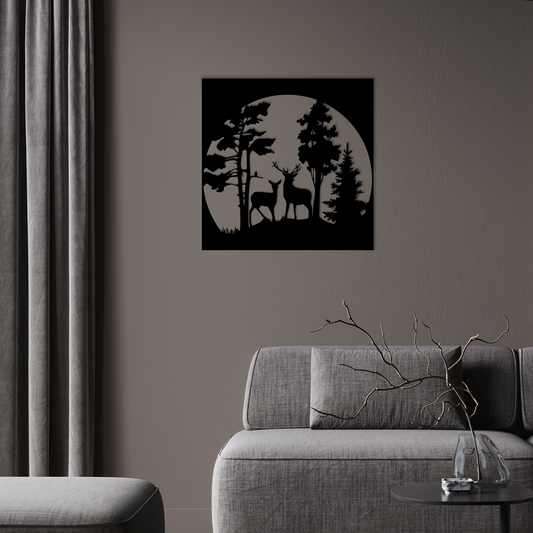 This design features two deer standing gracefully among tall trees, bathed in the silhouette of a full moon. Acrylic glass decor - Vibewall