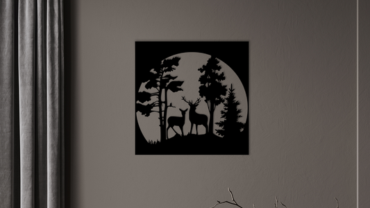 This design features two deer standing gracefully among tall trees, bathed in the silhouette of a full moon. Acrylic glass decor - Vibewall