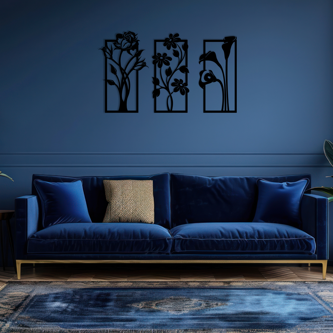 Flower Panel Wall Art is vertical display featuring three distinct floral silhouettes - rose, daisy, and calla lily - each displayed within a tall rectangular frame. Acrylic glass decor - Vibewall