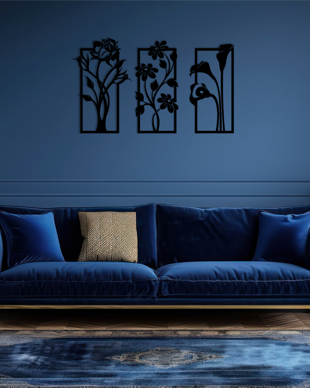 Flower Panel Wall Art is vertical display featuring three distinct floral silhouettes - rose, daisy, and calla lily - each displayed within a tall rectangular frame. Acrylic glass decor - Vibewall