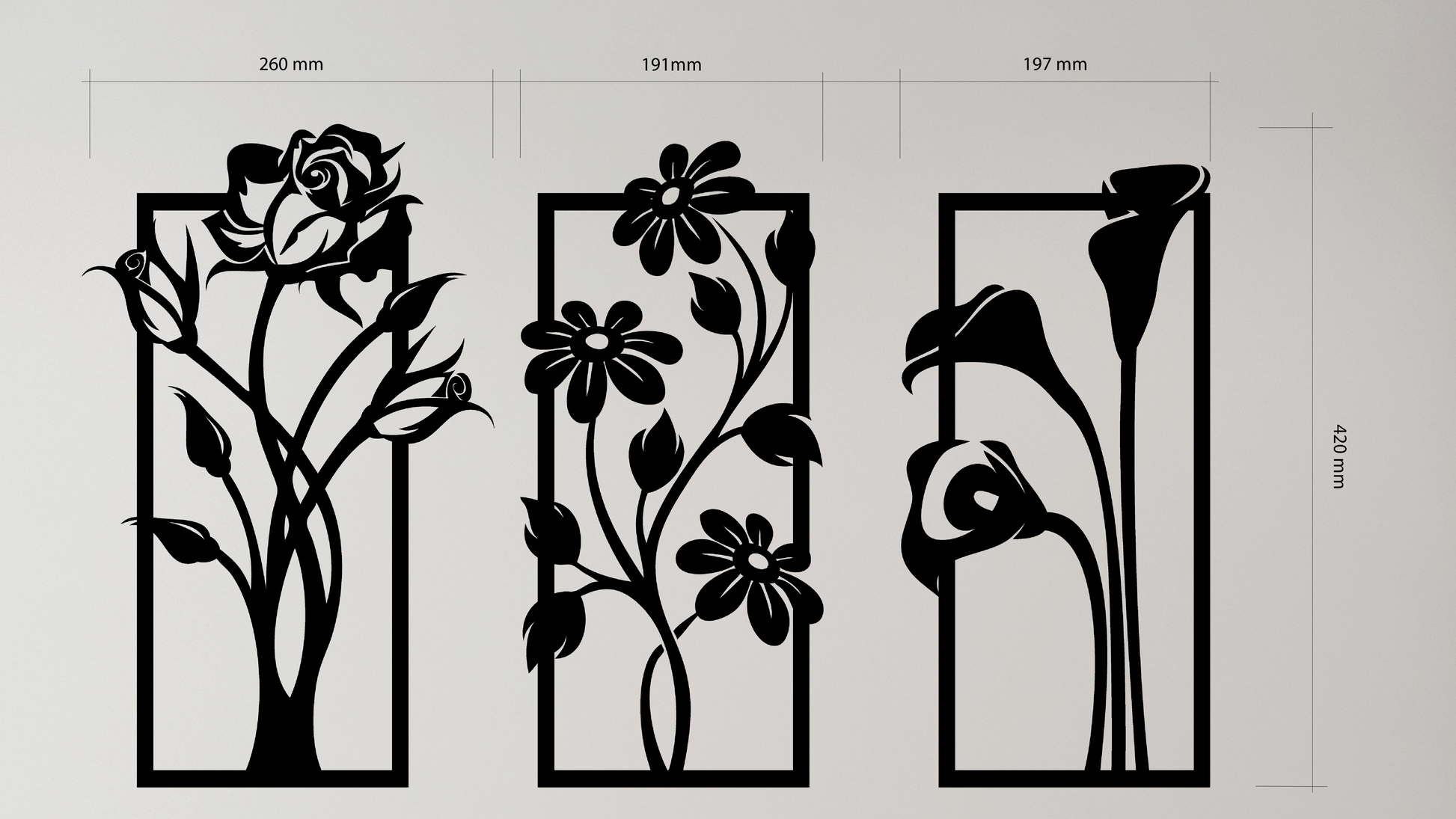 Three floral designs with measurements on a white background. Acrylic glass decor - Vibewall