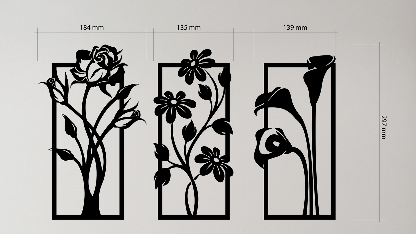 Three floral designs with measurements on a white background. Acrylic glass decor - Vibewall