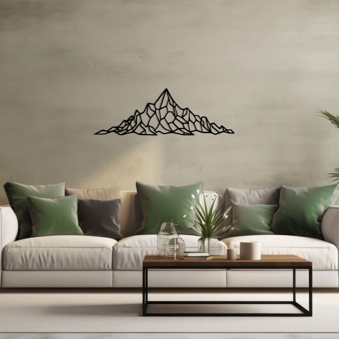 Geometric Mountain Wall Art features a stylized mountain range with a prominent central peak, formed from a series of intersecting lines that resemble a spider’s web. Acrylic glass decor - Vibewall
