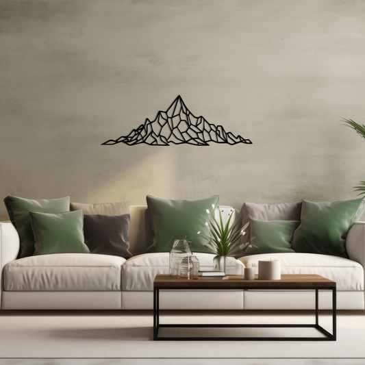 Geometric Mountain Wall Art features a stylized mountain range with a prominent central peak, formed from a series of intersecting lines that resemble a spider’s web. Acrylic glass decor - Vibewall