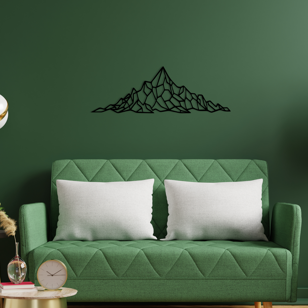 Geometric Mountain Wall Art features a stylized mountain range with a prominent central peak, formed from a series of intersecting lines that resemble a spider’s web. Acrylic glass decor - Vibewall
