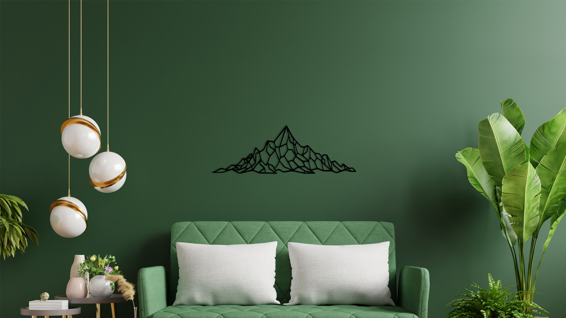 Geometric Mountain Wall Art features a stylized mountain range with a prominent central peak, formed from a series of intersecting lines that resemble a spider’s web. Acrylic glass decor - Vibewall