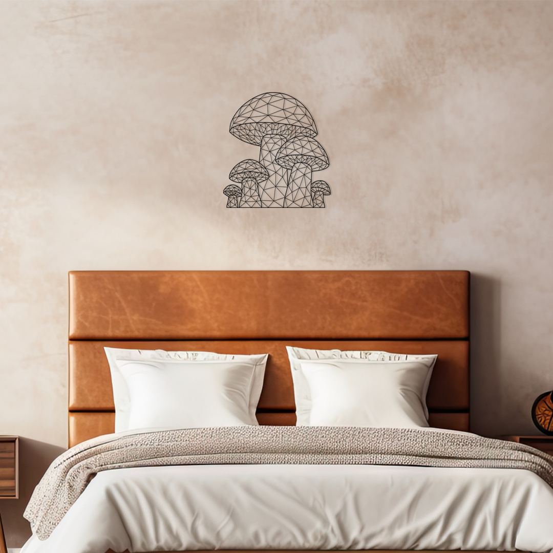 Geometric Mushroom Wall Art, design features six stylized mushrooms made entirely of intersecting straight lines that form a striking pattern of small triangles. Acrylic glass decor - Vibewall