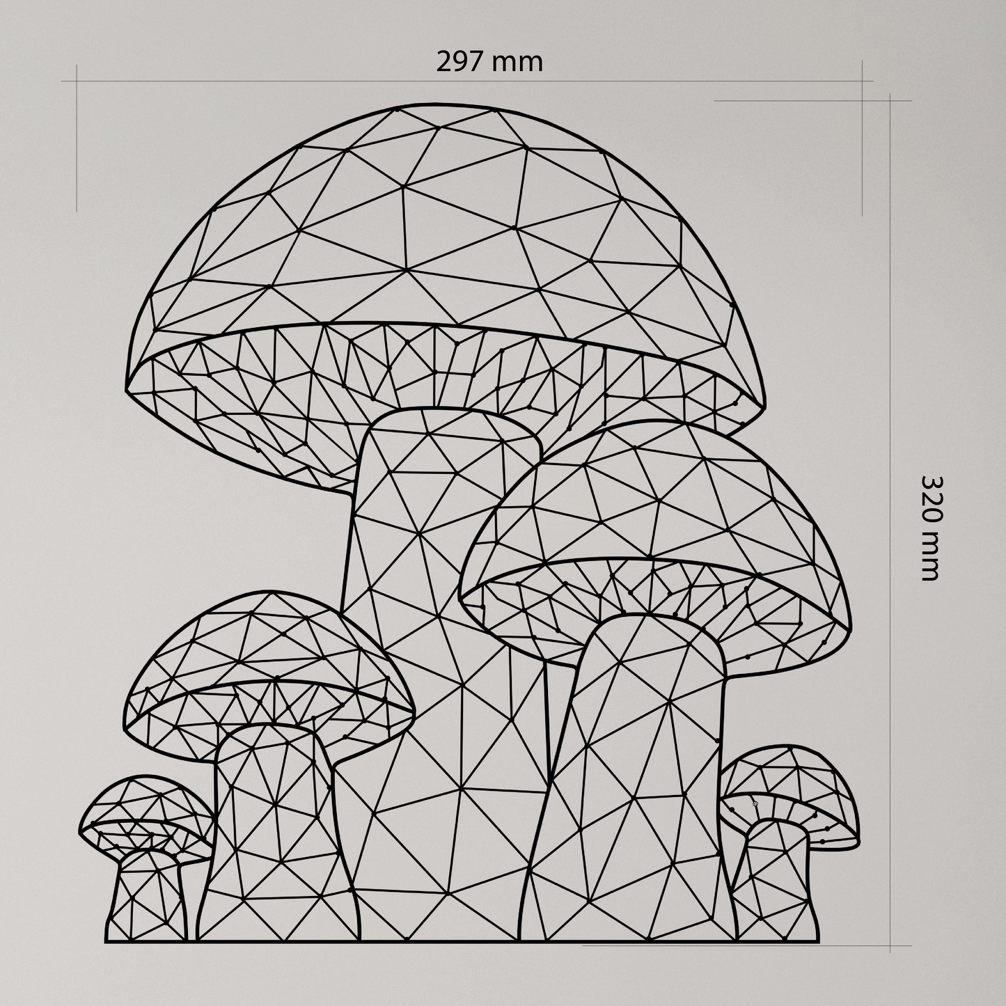 Geometric Mushroom Wall Art, design features six stylized mushrooms made entirely of intersecting straight lines that form a striking pattern of small triangles. Acrylic glass decor - Vibewall