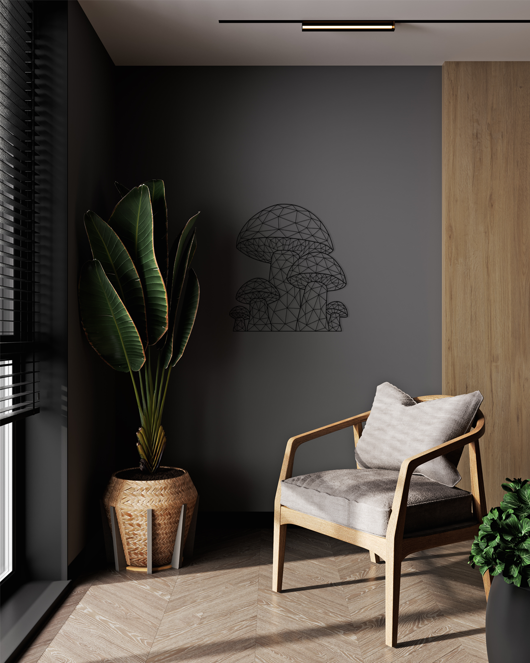 Geometric Mushroom Wall Art, design features six stylized mushrooms made entirely of intersecting straight lines that form a striking pattern of small triangles. Acrylic glass decor - Vibewall