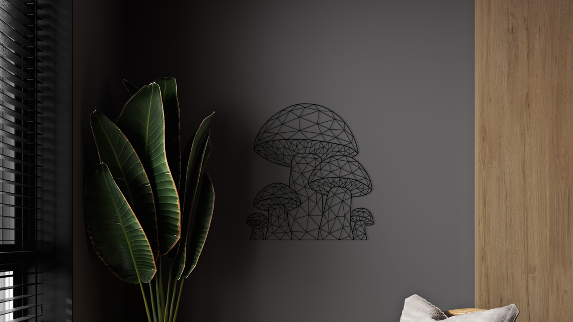 Geometric Mushroom Wall Art, design features six stylized mushrooms made entirely of intersecting straight lines that form a striking pattern of small triangles. Acrylic glass decor - Vibewall