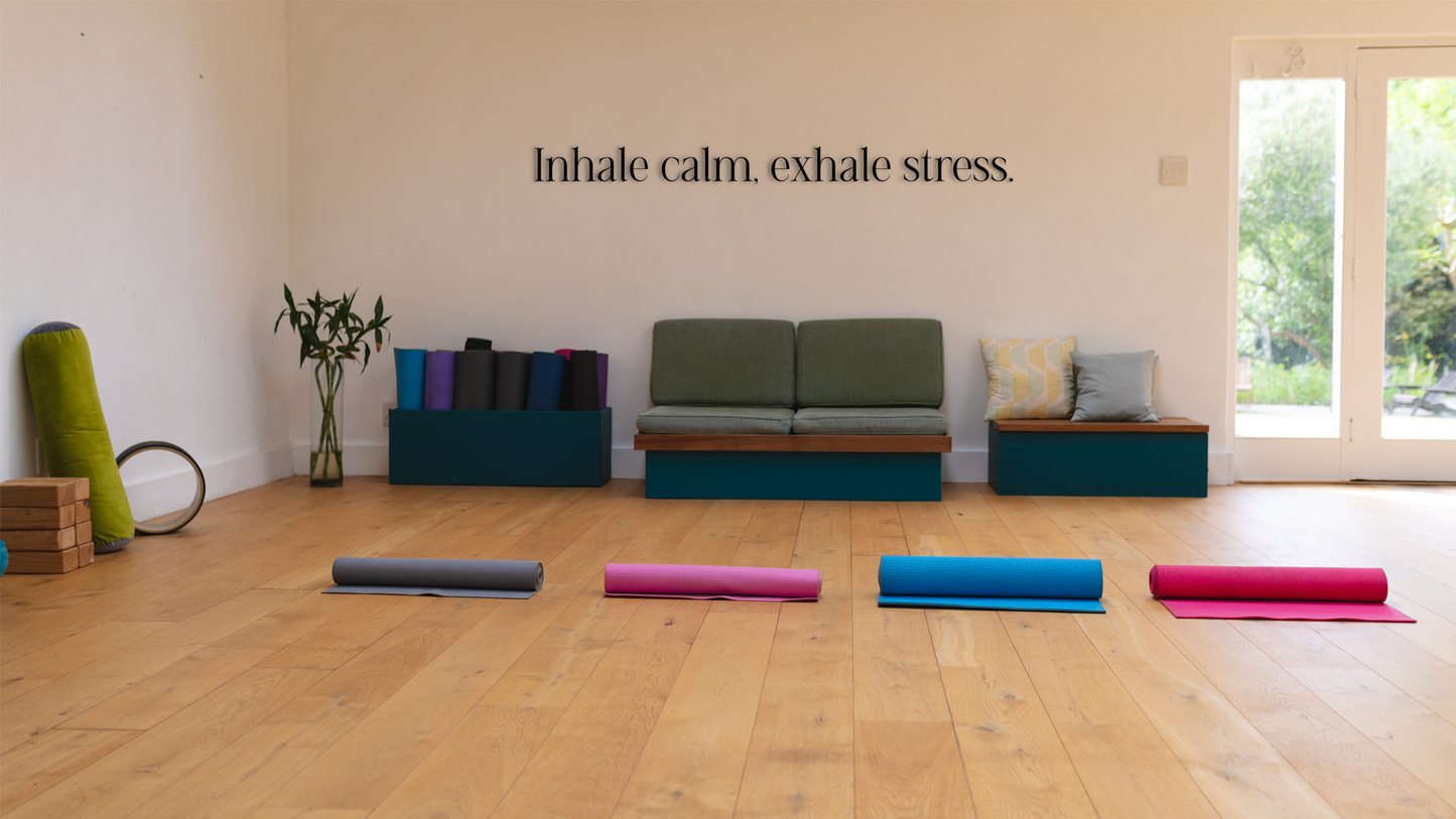 Motivational quote for wall decoration Inhale calm, exhale stress. Acrylic glass decor - Vibewall