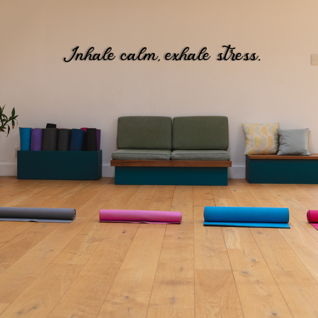 Motivational quote for wall decoration Inhale calm, exhale stress. Acrylic glass decor - Vibewall