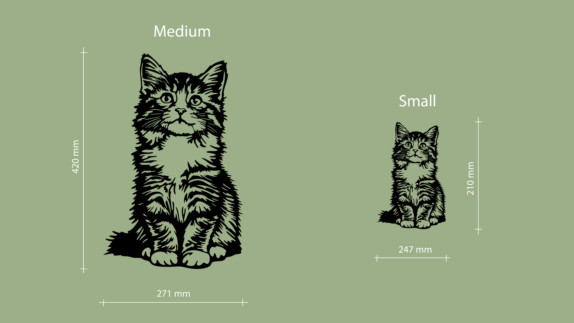 Sizes for pet wall decor featuring an illustration of a Kitten Looking Up. Acrylic glass decor - Vibewall