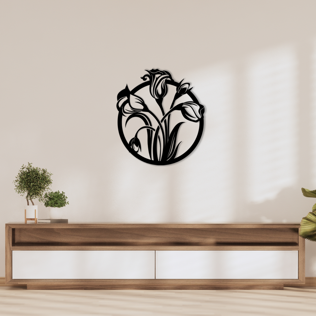 Lily Flowers Wall Art is designed within a circular frame, the piece features several detailed lily flowers, with petals that gently extend beyond the circle’s edge. Acrylic glass decor - Vibewall