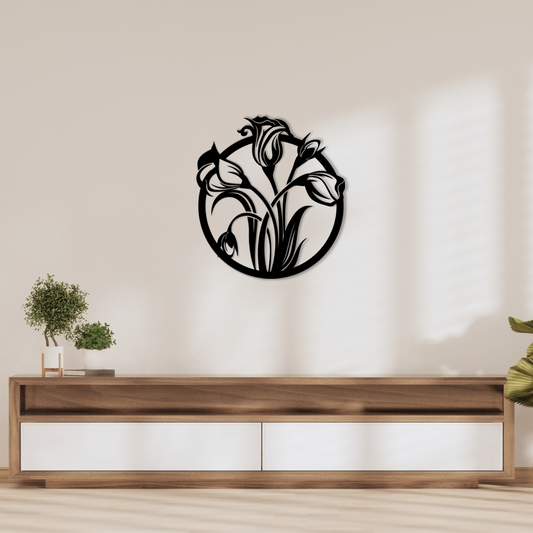 Lily Flowers Wall Art is designed within a circular frame, the piece features several detailed lily flowers, with petals that gently extend beyond the circle’s edge. Acrylic glass decor - Vibewall