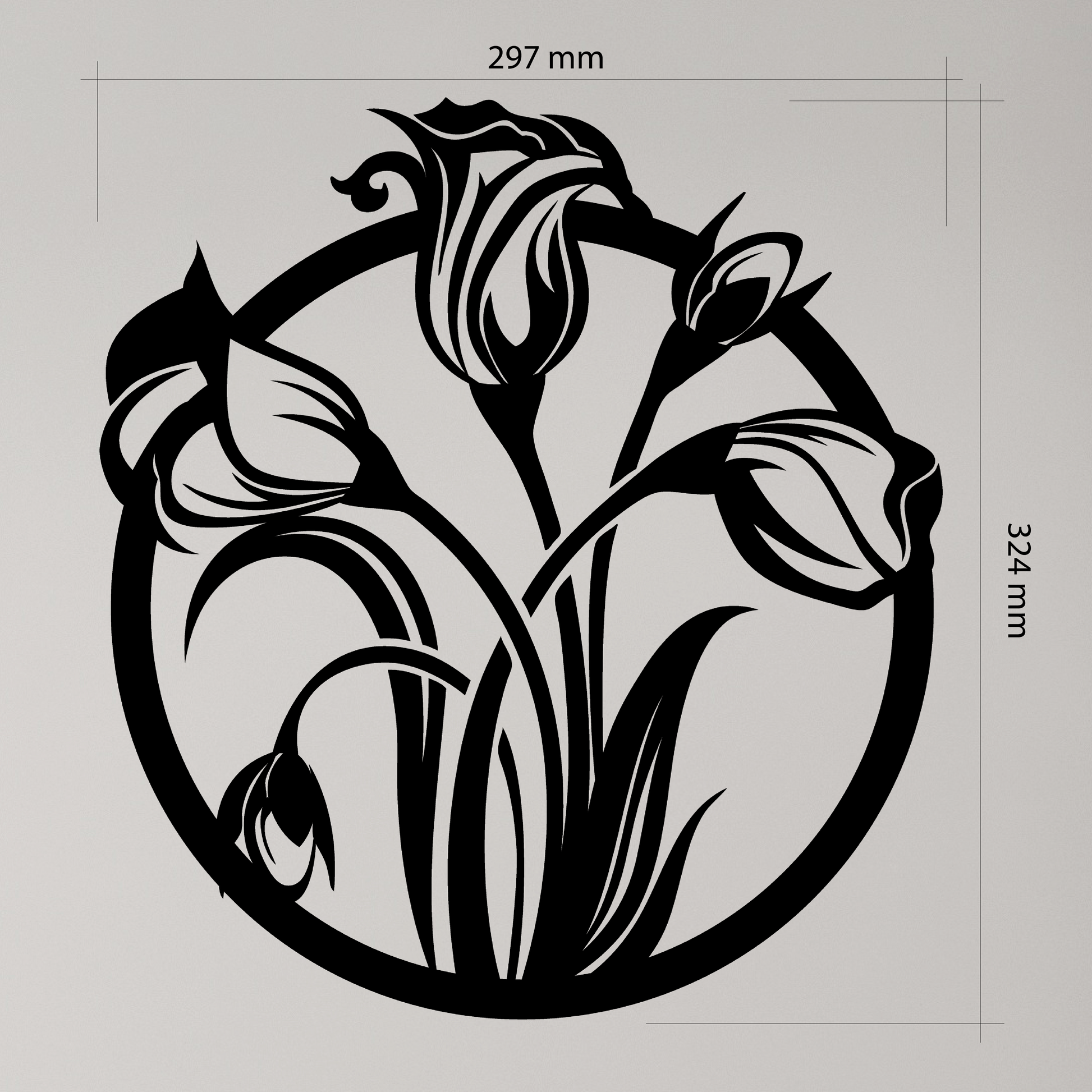 Decorative Lily Flowers design with measurements on a gray background. Acrylic glass decor - Vibewall