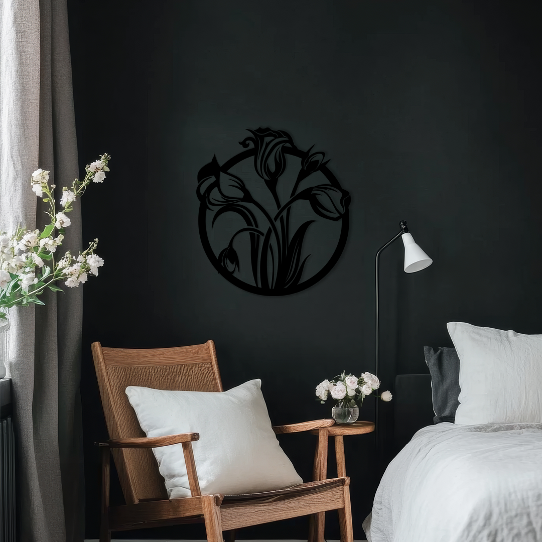 Lily Flowers Wall Art is designed within a circular frame, the piece features several detailed lily flowers, with petals that gently extend beyond the circle’s edge. Acrylic glass decor - Vibewall